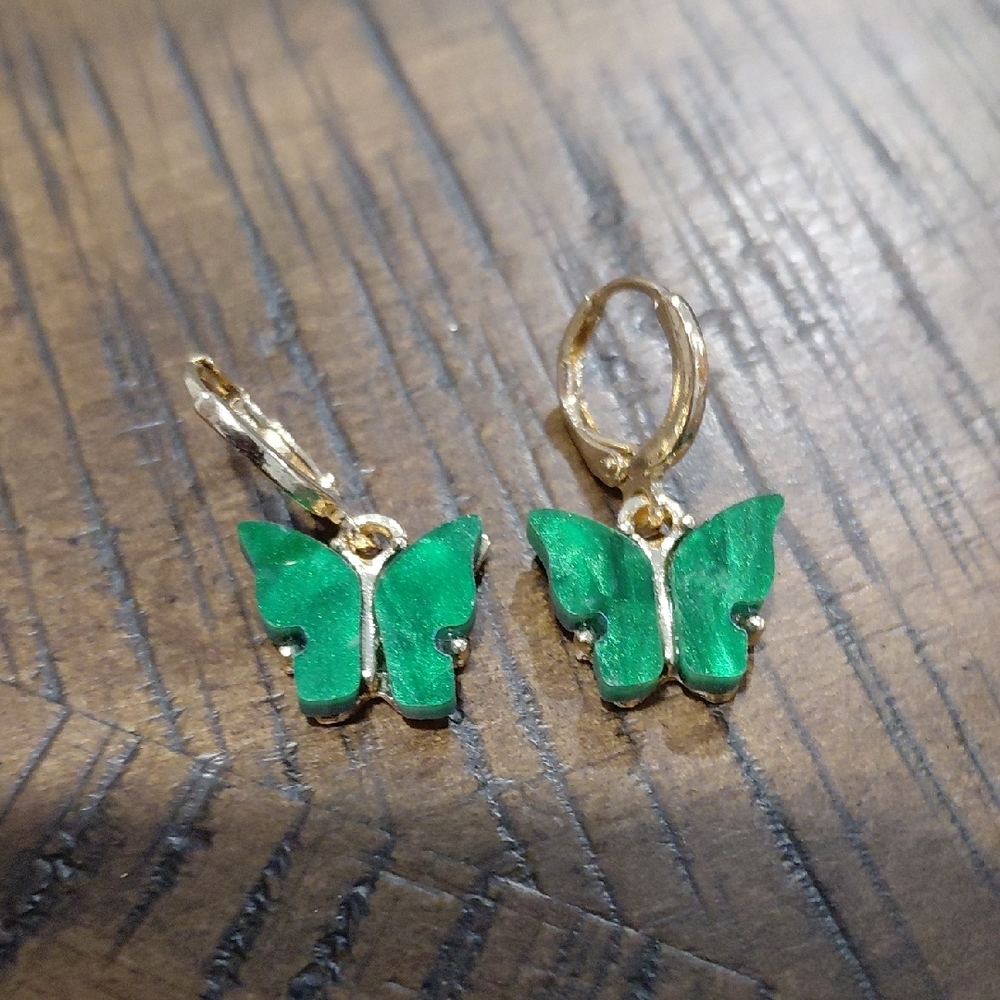 Gold Butterfly Drop Earrings with Green Enamel
